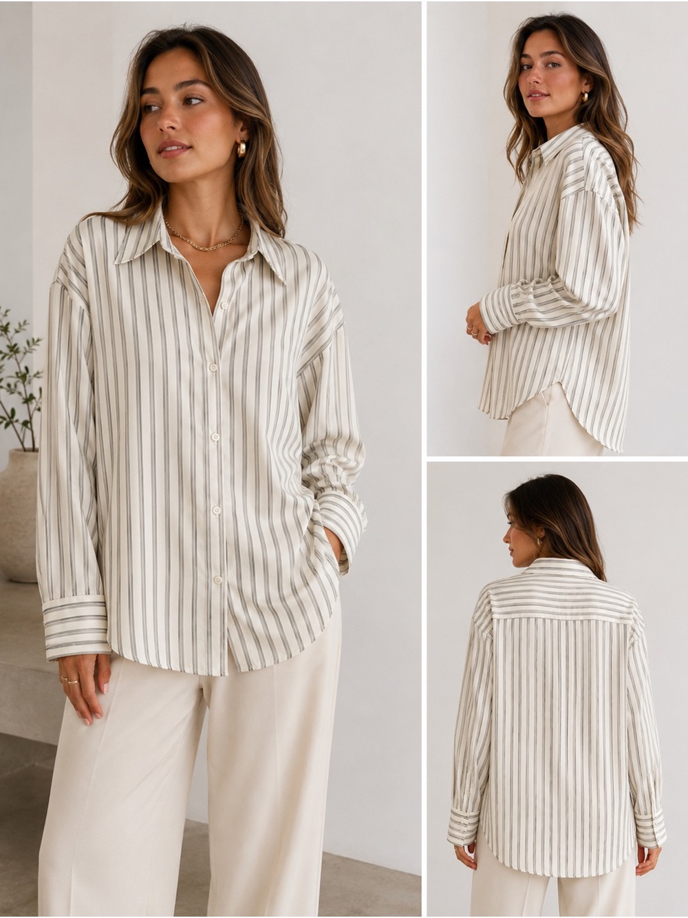 H&M Satin Striped Button Up Blouse Women's Large Ivory Gray Oversize